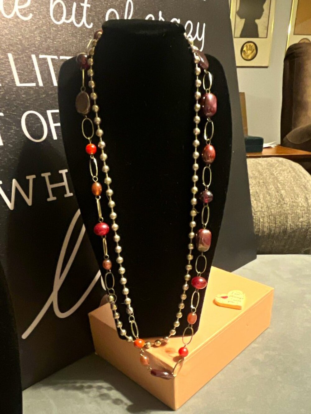 Silver Tone Double Strand Layered Beaded Ball Chain Necklace w/ Red Beads